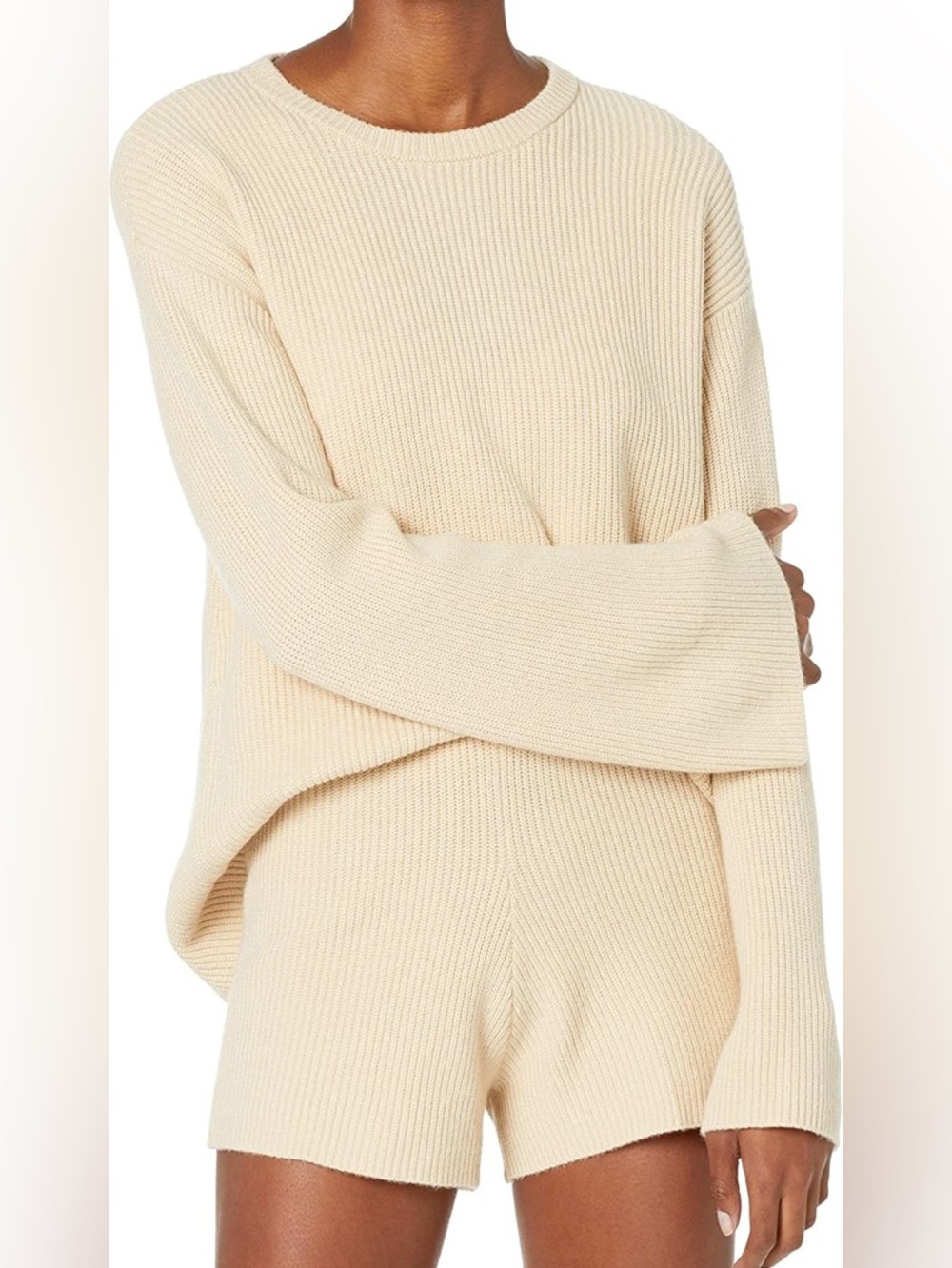 Women's Cream Ribbed Crewneck Sweater & Shorts set - Relaxed Knit